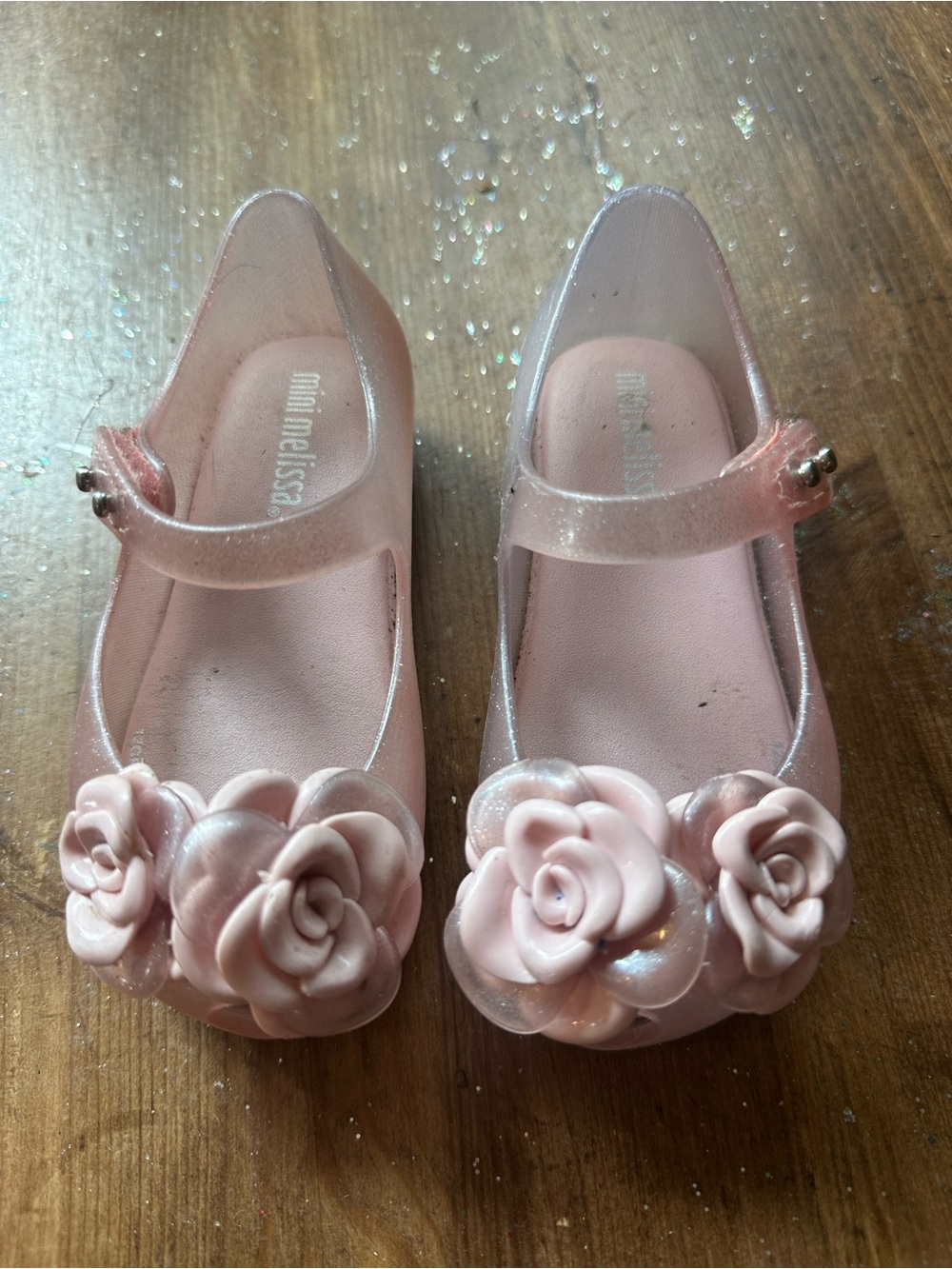 Mini Melissa Pink Glitter Flower Mary Jane Shoes